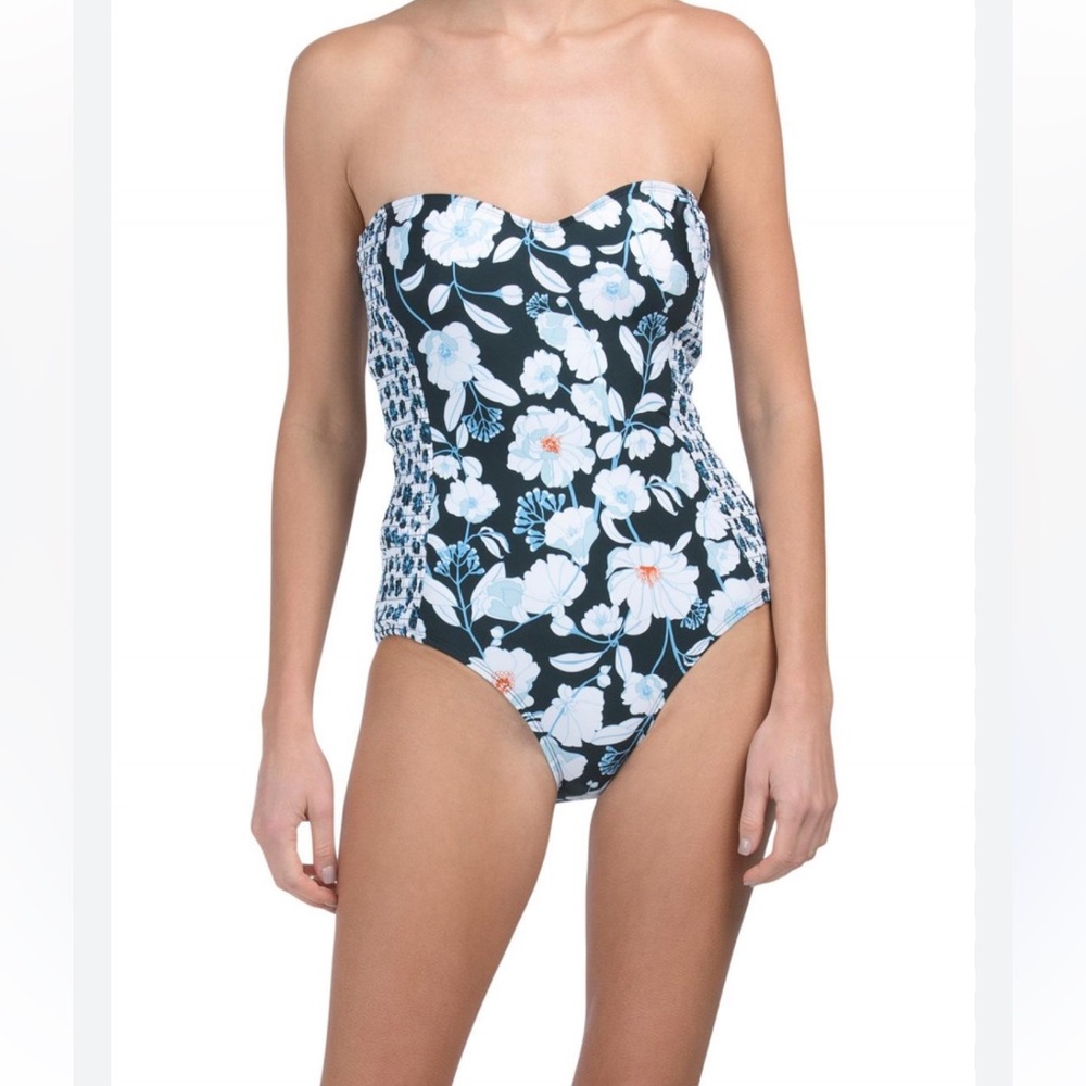 Laundry by Shelli Segal Floral Smocked Side One Piece Strapless Swimsuit XS/S